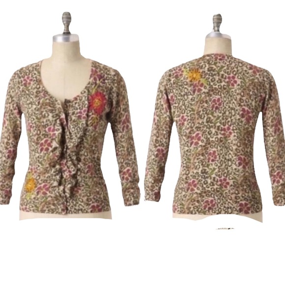 Sparrow Anthro Embellished Floral Leopard Ruffle Draped Cashmere Cardigan - XS - Picture 13 of 13